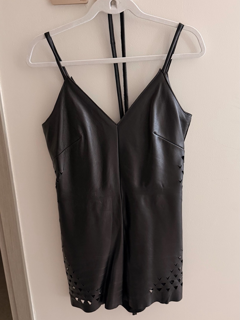 Black genuine Leather Slip Romper with Laser-Cut Hem